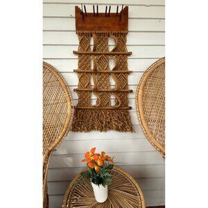 Vintage 1970s Boho Wood Jute Macarame' Wall Hanging With Hooks